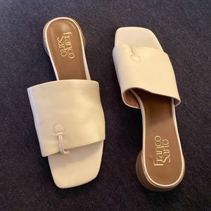 Franco Sarto Low Block Heel Slide Sandals - “Loran” in Cream/Beige, Size 8.